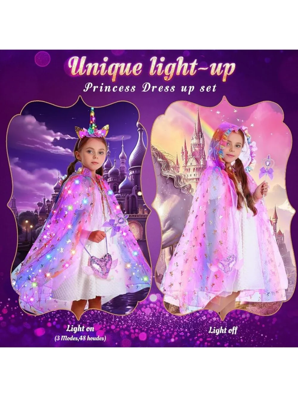 Purple Unicorn Princess Dress Up Set Light Up Cape Costume Girls Ages 3-8